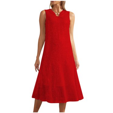 Robes pour Femmes Aguichant Couleur Unie à Paillettes Sans Manches à Col Rond Robe Mi-Mollet