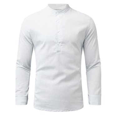 Penkiiy Long Sleeve Shirts for Men Men Cotton Linen Shirt Pullover Casual Stand-up Collar Solid Beach T-Shirt White Shirts