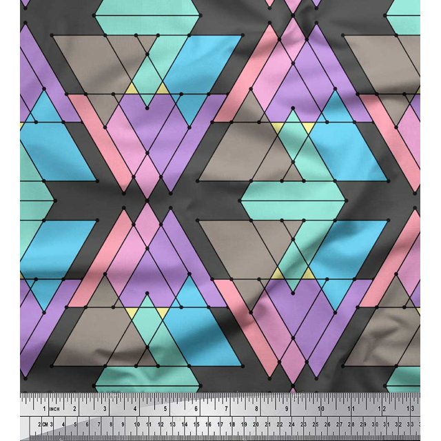 Soimoi Gray Heavy Satin Fabric Triangle Geometric Printed Fabric 1 Yard 54 Inch Wide