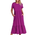 thumbnail image 1 of Penkiiy Robe T-Shirt d'Été Décontractée pour Femme à Manches Courtes, Col Ras du Cou, Basique Évasée, Fluide, Plage, Vacances, Robe Soleil, S, Violet, 1 of 5