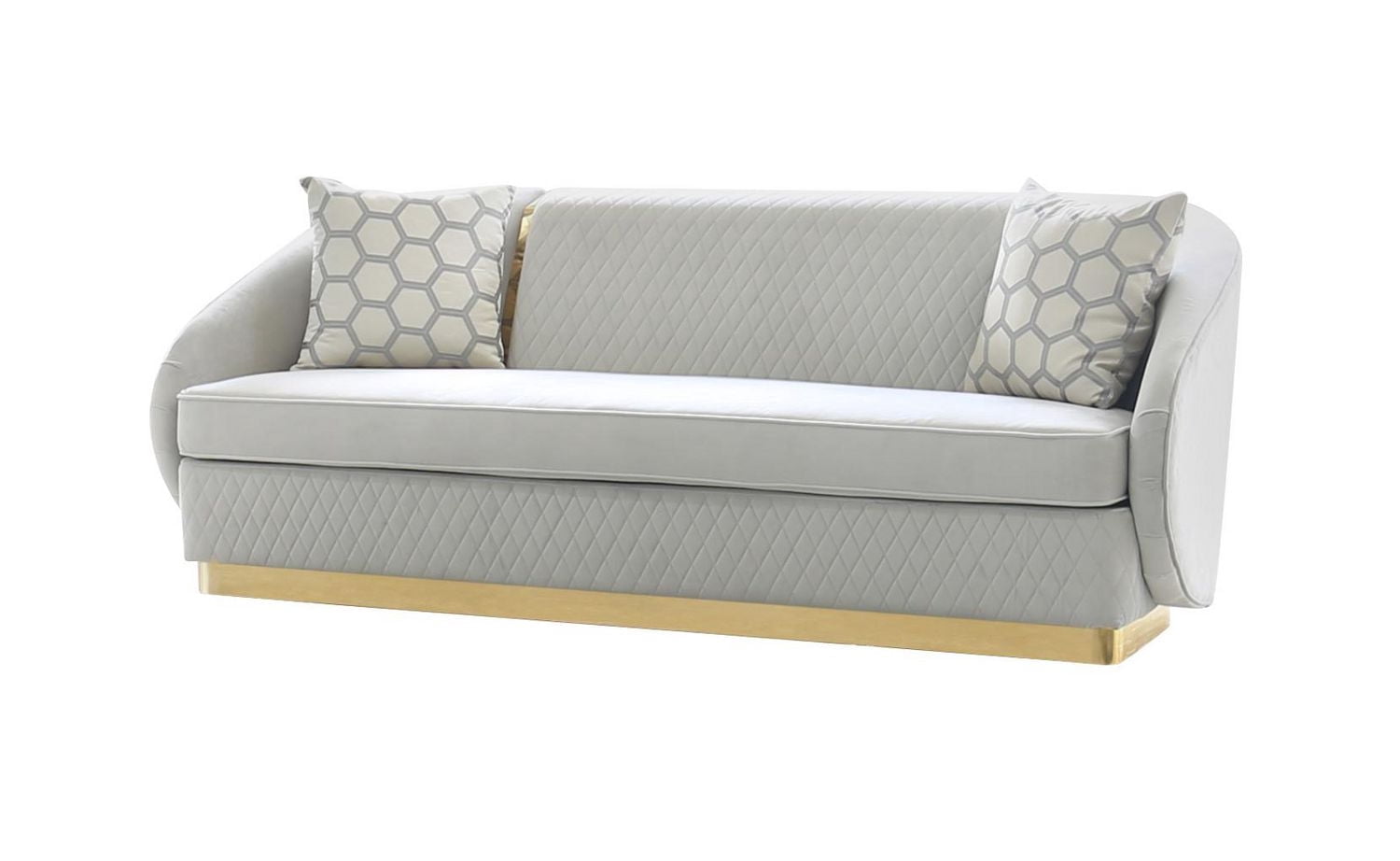 Canapé K-Living Penelope en velours pelucheux gris avec accents dorés et coussins décoratifs