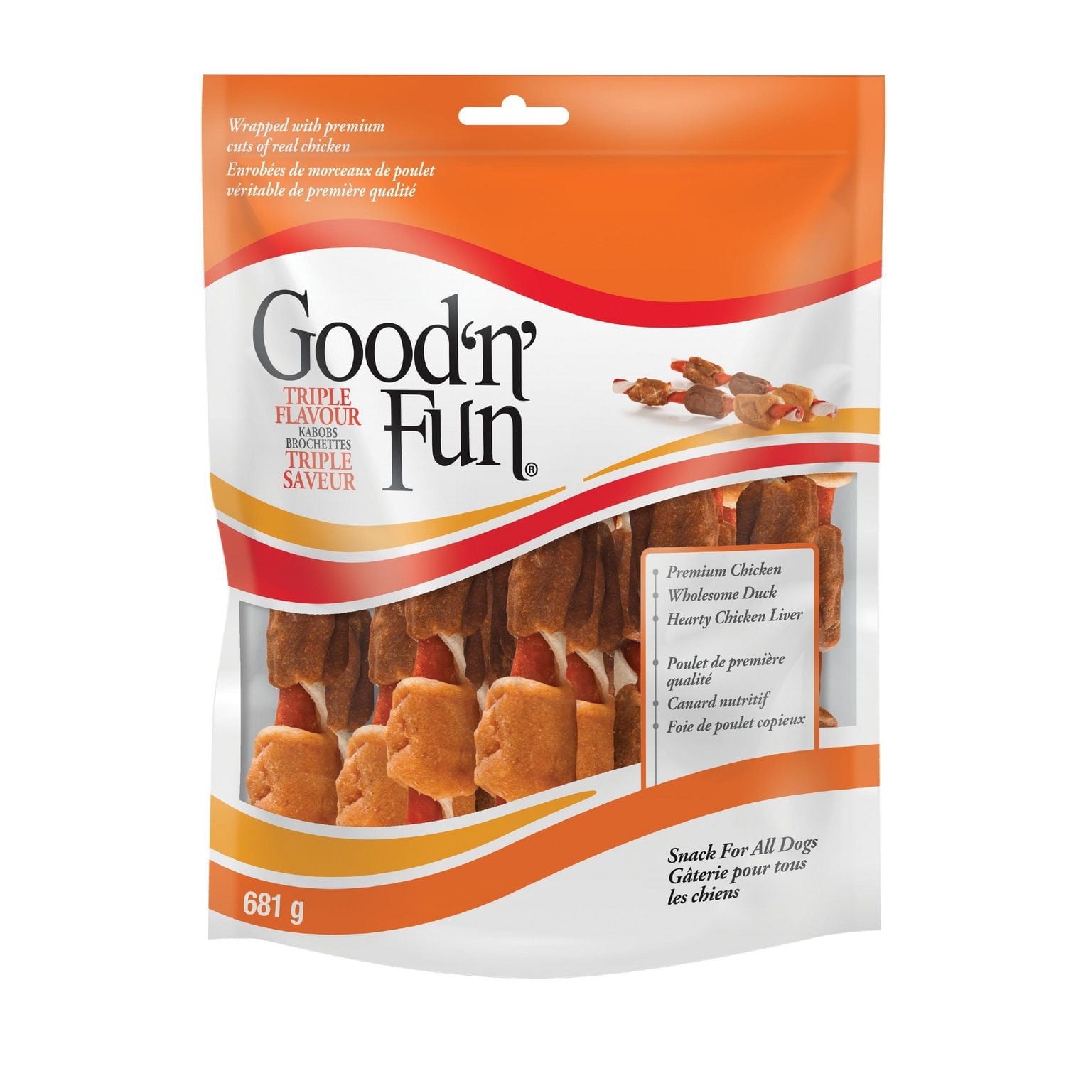 Good 'n' Fun Brochettes Triple Saveur Chien Mâche avec Poulet, Canard, Porc et Cuir du Boeuf, 681g