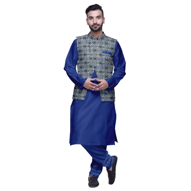 Atasi Kurta Churidar Uni pour Homme à Col Mandarin, Pyjama et Ensemble de Veste Nehru Imprimée