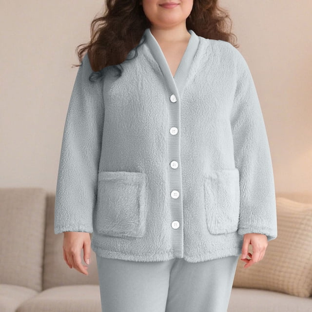 Timegard Womens Winter Coats Fuzzy Fleece Warm Pajamas Tops Button down Loungewear Comfy Thick Pjs