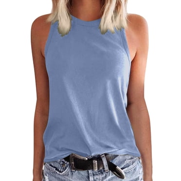 Womens Tank Top Trendy Summer Shirts Ladies Solid Color Sleeveless Round Neck Casual Womens Tops Basic Tee Light Blue M