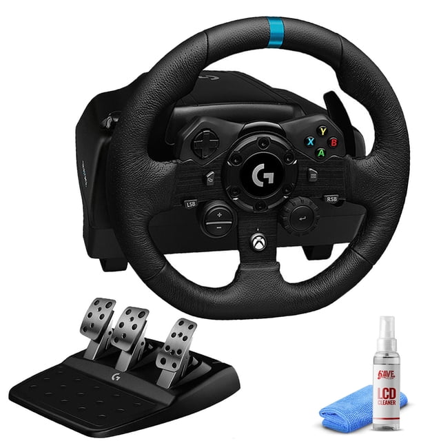 Logitech G923 Racing Wheel and Pedals for Xbox X|S, Xbox One, and PC featuring TRUEFORCE up to 1000 Hz force feedback for immersive racing simulation, responsive pedal, and dual clutch launch control. Includes a 6Ave cleaning kit with LCD screen cleaner and cloth.