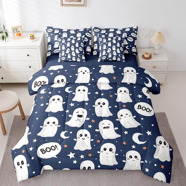 YST 7-Piece Cute Cartoon Ghost Print Bed Set, Queen – Happy Halloween Decor
