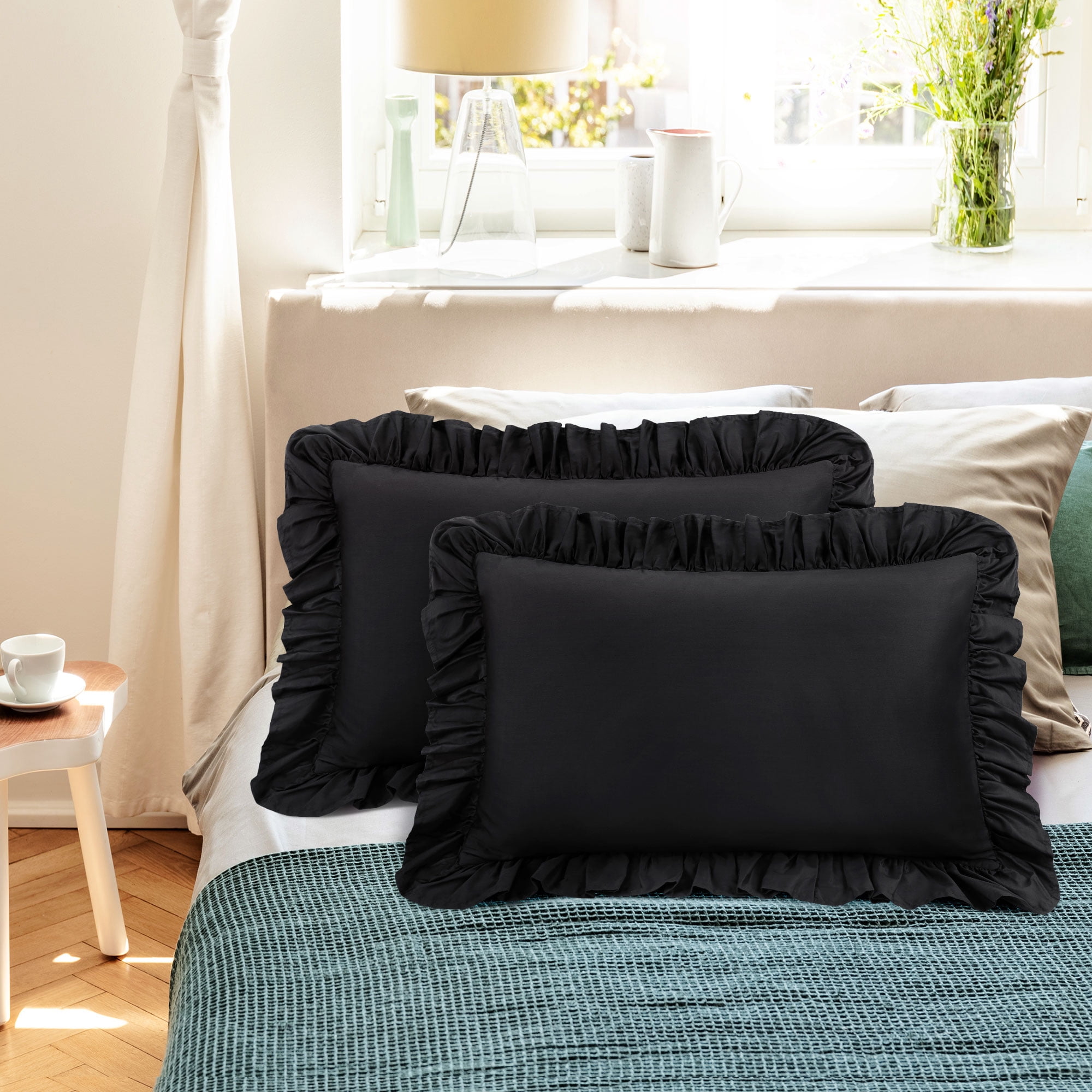 PiccoCasa 2 Pcs 100% Cotton Ruffled Pillowcases Soft with Envelope Black Standard