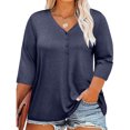 thumbnail image 2 of Plebaso Womens Plus Size Tops 3/4 Sleeve V Neck Casual T Shirts Loose Solid Color Button down Blouses Tees, 2 of 7