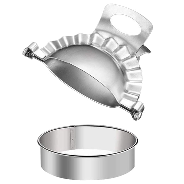 CIMAXIC 2Pcs DIY Dumpling Mold set with a stainless steel dumpling wrapper press mold and a circular cutter. The press mold measures 5.04 x 3.46 x 0.59 inches, and the cutter has a 3.54-inch diameter and 0.98-inch height. Ideal for making dumplings, pierogi, ravioli, and pot stickers, this set ensures a secure seal around edges. Made of durable, food-grade stainless steel, it is a versatile kitchen tool and a thoughtful gift for cooking enthusiasts.