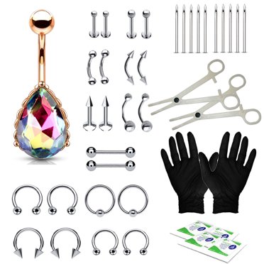 BodyJ4You 36PC PRO Piercing Kit Rose Goldtone Steel 14G 16G Dangle Belly Tongue Nipple Jewelry