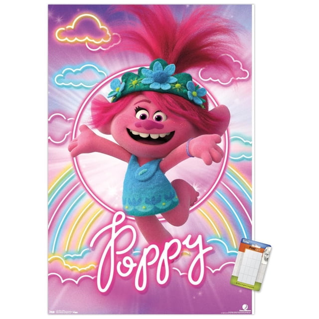 DreamWorks Trolls 2 - Affiche Murale de Poppy, 22,375 Po x 34 Po Encadrée Mettant en Vedette Poppy aux Cheveux Rose Vif et une Couronne de Fleurs Vertes, Portant une Robe Bleue. Elle Pose avec les Bras Grand Ouverts sur un Fond Arc-en-Ciel Néon et Nuage avec « Poppy » en Écriture Blanche. Cette Oeuvre Murale à Fini Satiné Est Légère et Facile à Accrocher, Convient à la Décoration de Chambre Ou de Chambre d'Enfant.