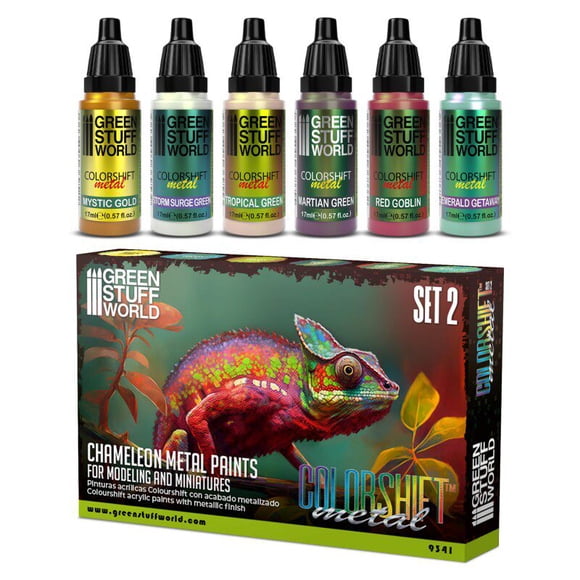 Green Stuff World Ensemble de Peinture Métallique Caméléon à Changement de Couleur 2, Peintures Acryliques Compte-Gouttes 6x17 ml pour Maquetteurs Amateurs et Experts, Pigments Iridescents à Changement de Lumière
