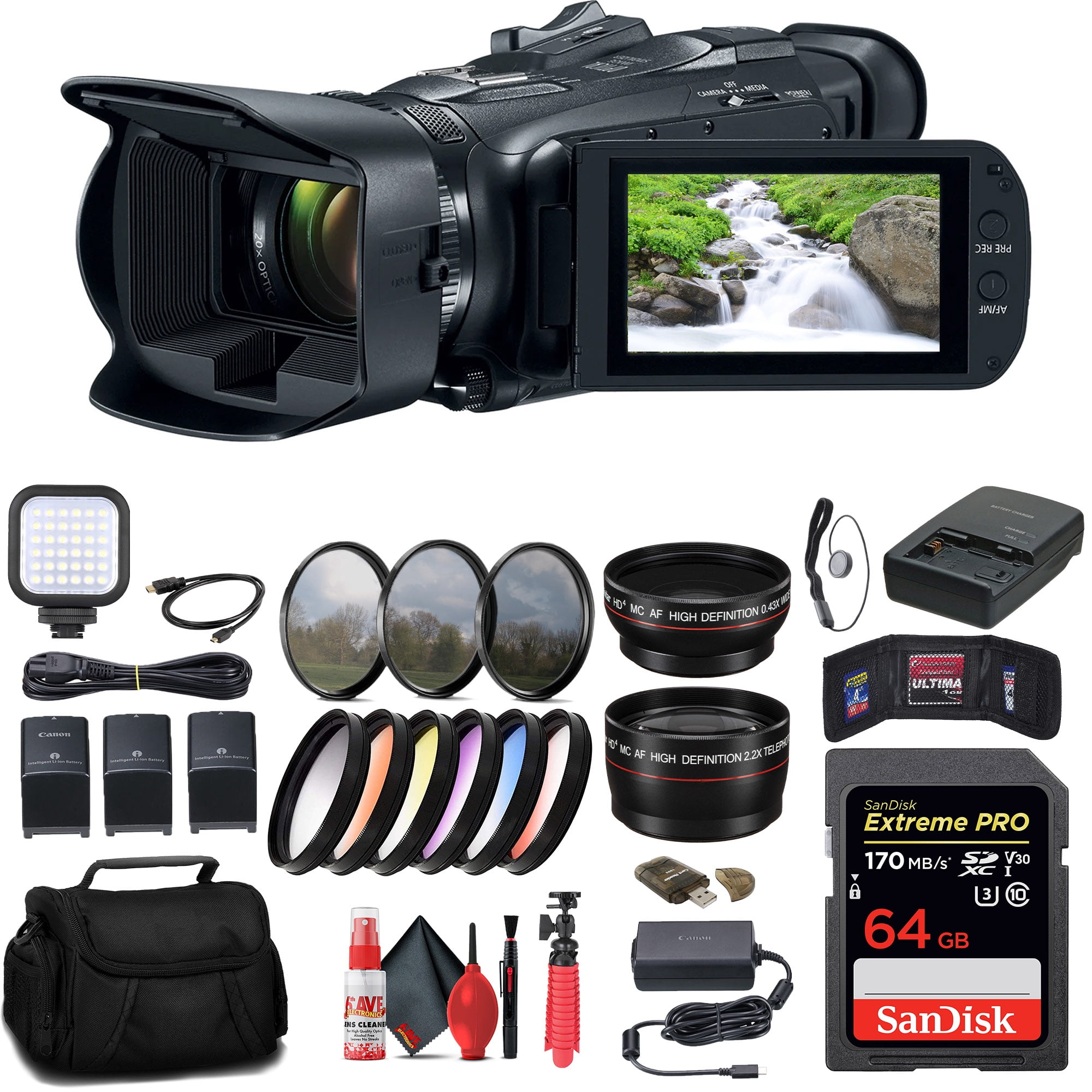Canon Vixia HF G70 UHD 4K Camcorder Black 5734C002 64GB Memory Card 2 x BP828 Battery BP820 Charger Color Filter Kit Filter Kit Bag Wide Angle Lens Telephoto Lens International Model