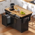 thumbnail image 1 of 59.3" Kitchen Island with Storage 2 Pull Out Cabinet Organizers & Rubber Wood Drop Leaf, Rolling Kitchen Island with Trash Can Storage, Power Outlet, Spice & Towel Rack for Kitchen, Dining, Black, 1 of 33