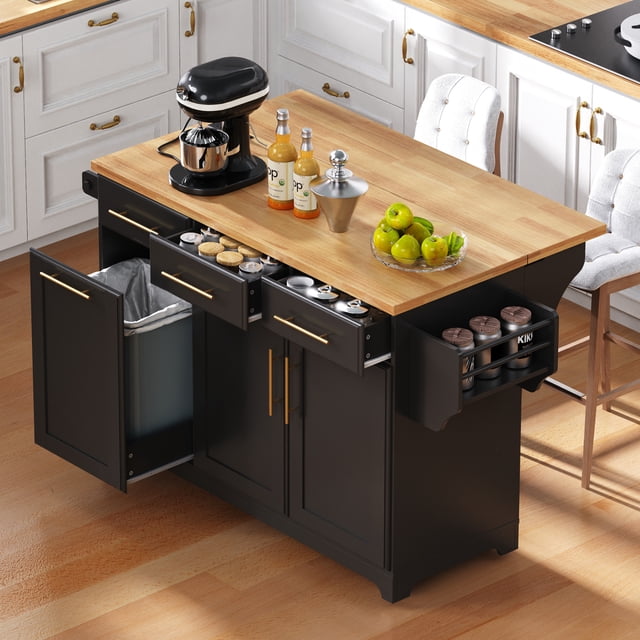59.3" Kitchen Island with Storage 2 Pull Out Cabinet Organizers & Rubber Wood Drop Leaf, Rolling Kitchen Island with Trash Can Storage, Power Outlet, Spice & Towel Rack for Kitchen, Dining, Black