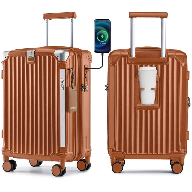 Joyway Valise Cabine Extensible Rigide de 20 Pouces en design Métallisé Cuivre Côtelé. Idéale pour le Voyage, Elle Comprend un port de Chargement USB, un Porte-Gobelet Intégré, un Cadenas Approuvé TSA et des Fermetures Éclair YKK Durables. la Valise Comprend Huit Roues Pivotantes à 360 Degrés et une Poignée Télescopique pour une Maniabilité Fluide. l'Intérieur Est Spacieux et Extensible, avec Deux Zones de Rangement et des Sangles de compression pour un Emballage Sécurisé.