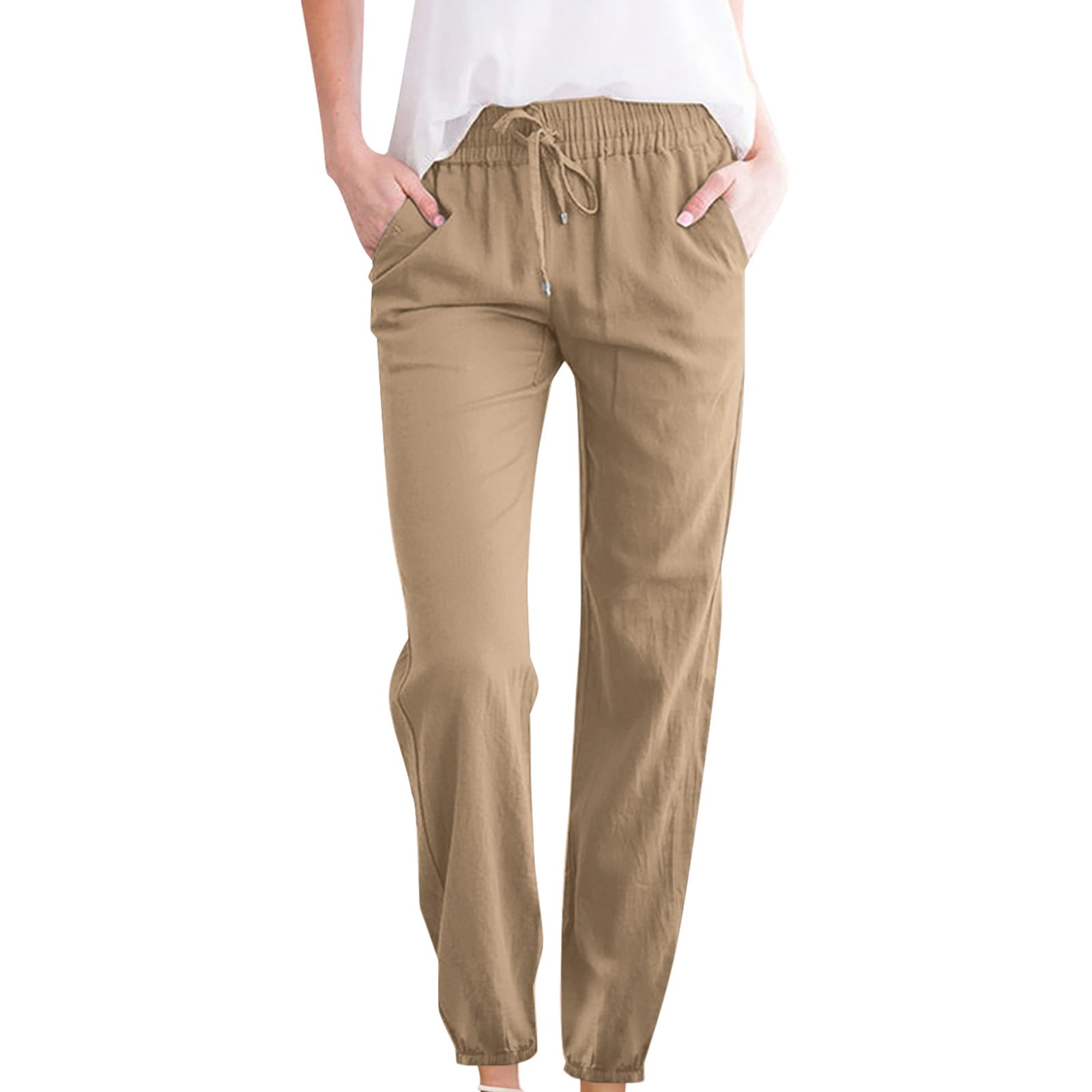 FNFYFH Clearance Cotton Linen Pants for Women Drawstring Elastic Pant with Pockets Solid Trousers,Gray