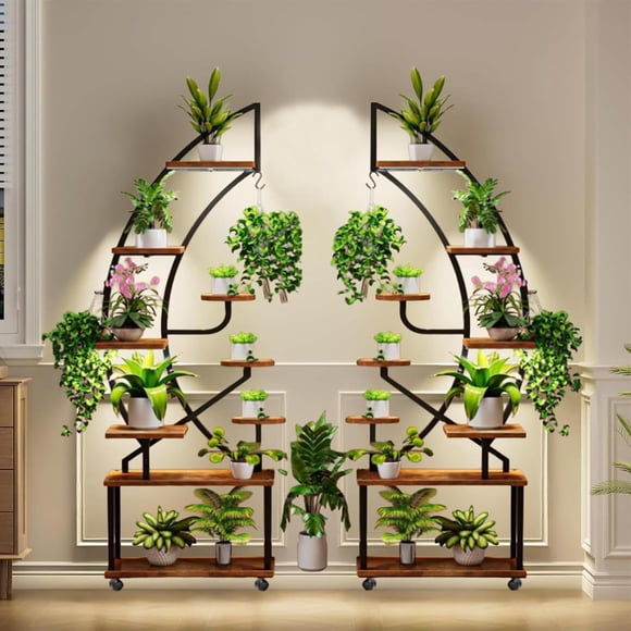YUSAZENS 2 Pack Arc Shaped Plant Trellis with Burnt Orange Board Black Metal Pipe plus 2 Sets Multicolor LED Light Strips for Yard Garden Decor