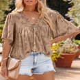 thumbnail image 2 of Womens Bell Sleeve Blouse Crewneck Lace Tops Floral Textured Babydoll Shirts, 2 of 3