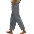 thumbnail image 2 of Women Casual Cotton Linen Drawstring Elastic Waist Long Wide Leg Pants, 2 of 7