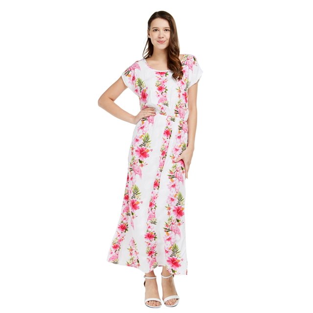 Robe Maxi Simple Hawaïenne pour Femme à Manches Cap Luau m Rose Blanc Hibiscus