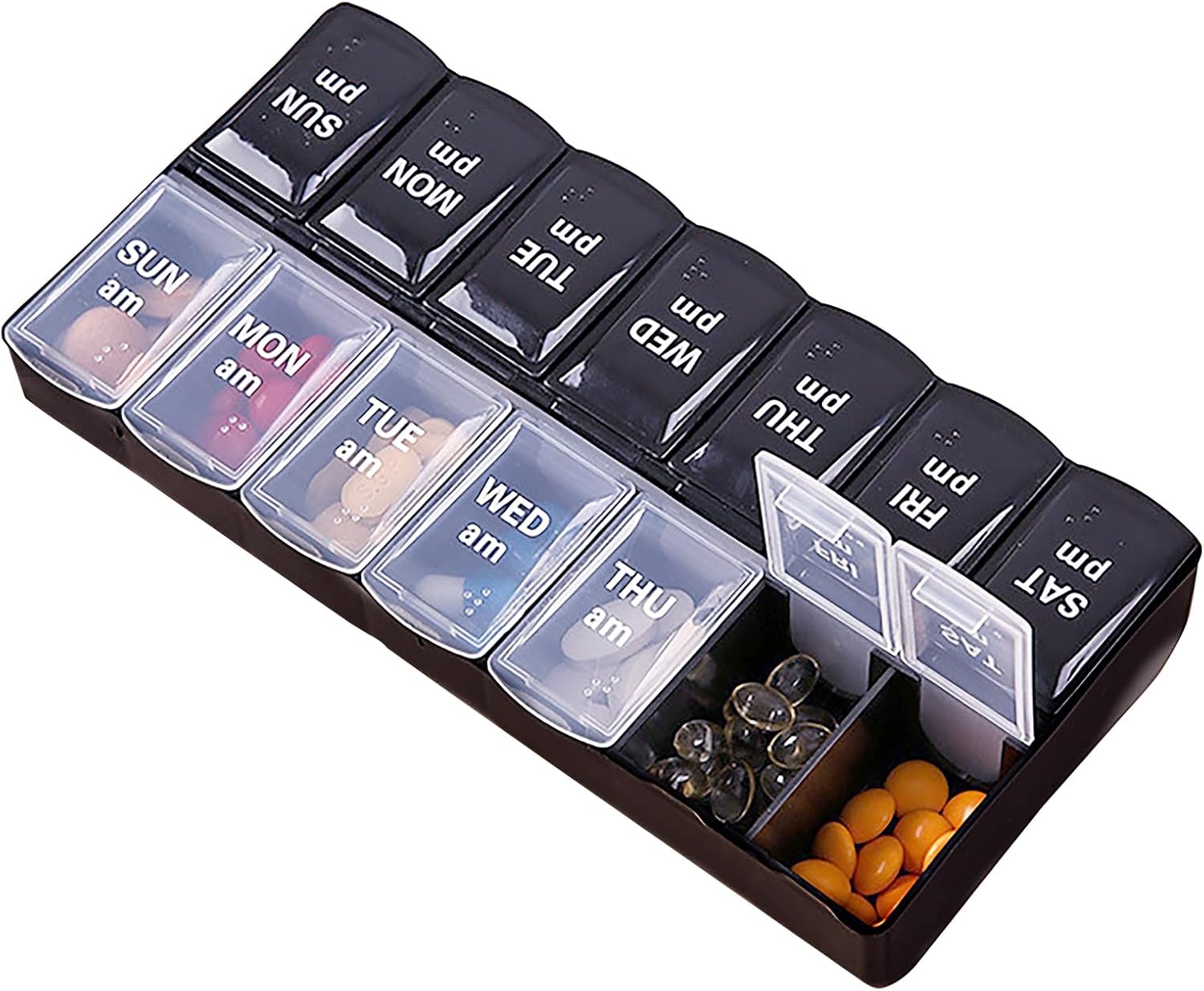 WOLMIK Weekly Pill Organiser with Am/Pm Compartments Tablet Storage Box Travel Pill Boxes BPA-Free Medication Organizer Easy to Open Daily Pill Case to Hold Vitamins Cod Liver Oil and Medication