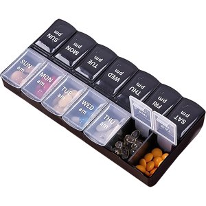 WOLMIK Weekly Pill Organiser with Am/Pm Compartments Tablet Storage Box Travel Pill Boxes BPA-Free Medication Organizer Easy to Open Daily Pill Case to Hold Vitamins Cod Liver Oil and Medication