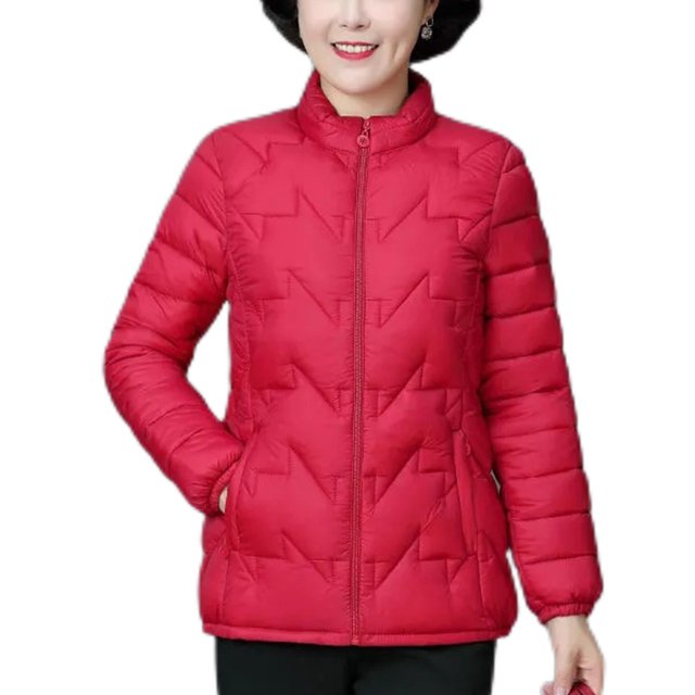 MAWCLOS Ladies Lightweight Solid Color Puffer Coat in Big Red, size 3XL. This winter outerwear features a stand collar, long sleeves, front zipper closure, and two side pockets. Made of 100% polyester for warmth and comfort, suitable for casual wear, traveling, or outdoor activities during autumn and winter.