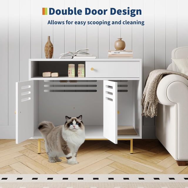 EastVita Enclos pour Litière de Chat de 31,5 Pouces, Boîte Cachée avec Rangement, Blanc