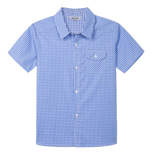 Bienzoe Boy's Cotton Plaid Button Down Short Sleeve Shirt Light Blue 11/12