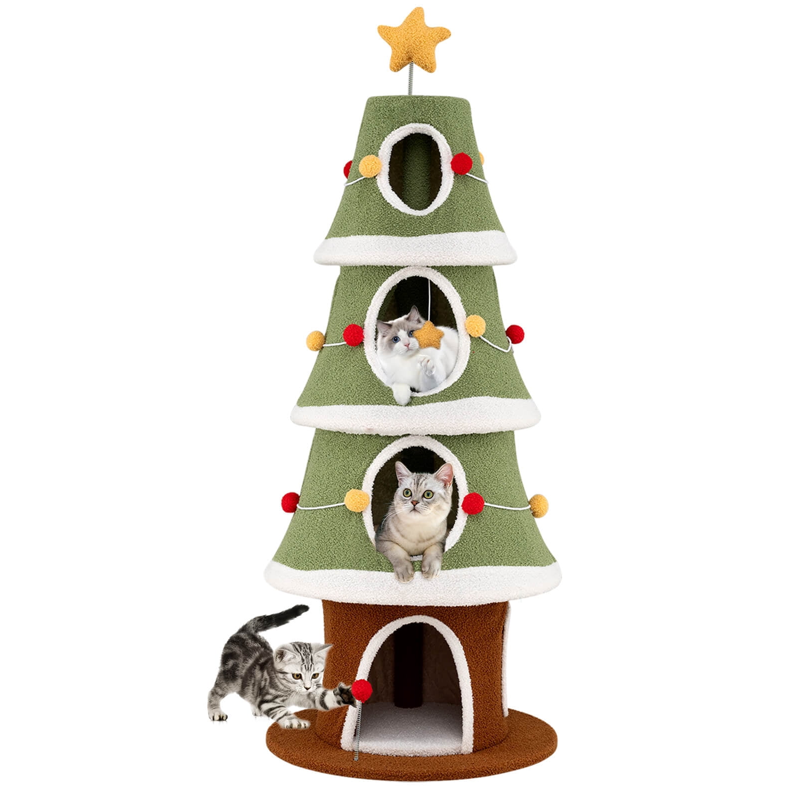 Costway 61"Large Christmas Cat Tree with 4 Condos, Sisal Carpet, Dangling Ball, Spring Toy