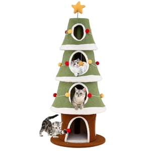 Costway 61"Grand arbre de chat de Noël avec 4 Condos, Tapis Sisal, Balle à danser, Jouet de printemps