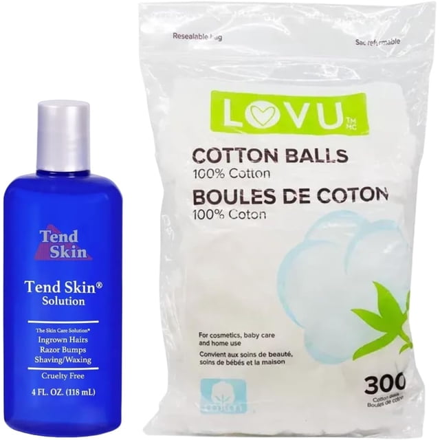 Smooth Skincare After Shave Bundle with Tend Skin Solution Razor Relief in a 4oz blue bottle and Spectra Lovu Cotton Balls in a resealable bag containing 300 pieces. Tend Skin Solution effectively reduces razor bumps, soothes razor burn, and combats ingrown hairs, suitable for men and women. Spectra Lovu Cotton Balls, made from 100% pure cotton, are ideal for gentle skincare application and personal care routines.