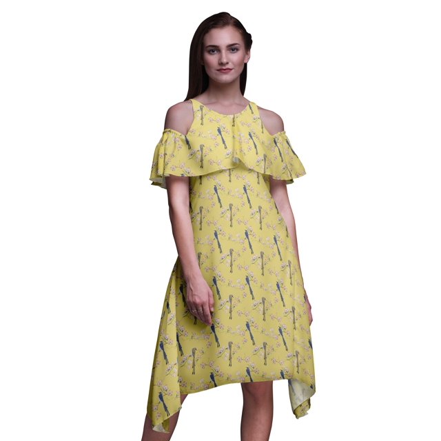 Bimba Robe Midi à Épaules Dénudées pour Femmes, Tunique de Fête, Manches Volantées, Imprimé Oiseau Jaune - XXX-Large