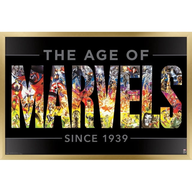 Marvel Comics - Marvel 80e Anniversaire - l'Ère des Merveilles Affiche Murale, 22,375 Po x 34 Po Mettant en Vedette « l'Ère des Merveilles depuis 1939 » sur Fond Noir, avec le Mot Merveilles Rempli d'Illustrations Colorées de Superhéros et de Méchants Marvel, Encadré de Bois Clair, Idéal pour la Déco Murale de la Maison Ou du Bureau.