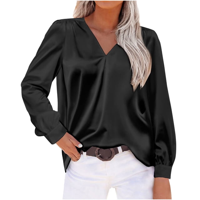 CEHVOM Chemise à Manches Longues pour Femmes, Nouvelle, Satinée, Plissée, Col en V, Décontractée, Coupe Ample, Liquidation