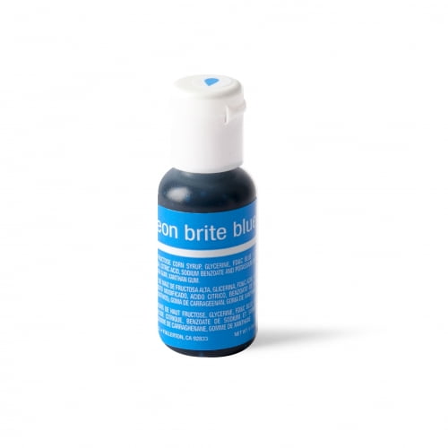 Neon Brite Blue 0.7 oz Liqua-Gel Food Color by Chefmaster, a compact bottle of vibrant blue food coloring with a white cap and blue label. Suitable for icings, fondants, batters, and cake frostings, it is fade-resistant, tasteless, vegan-friendly, kosher, halal, nut-free, and gluten-free, making it ideal for baking and decorating.