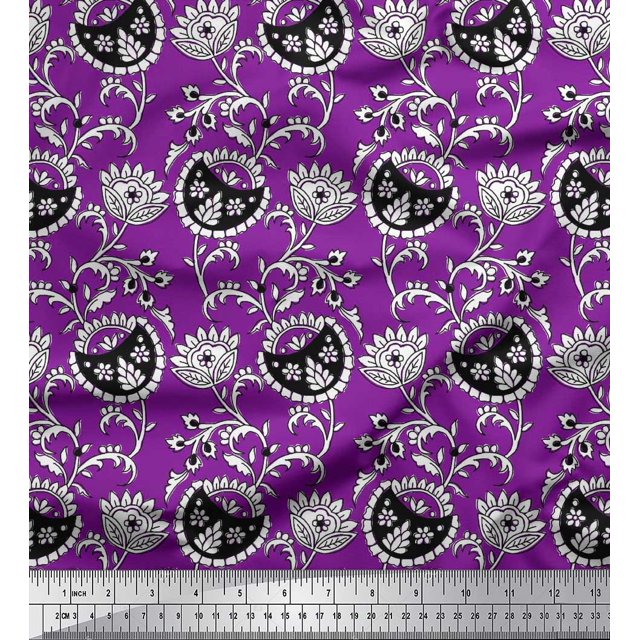 Soimoi Polyester Crepe Fabric Leaves & Floral Block Print Fabric by The Yard 52 Inch Wide