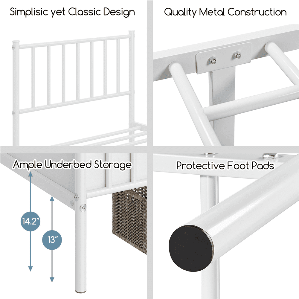 Fullfurnique Minimalist Metal Bed Frame with Vertical Bar Headboard and Footboard, Queen, White