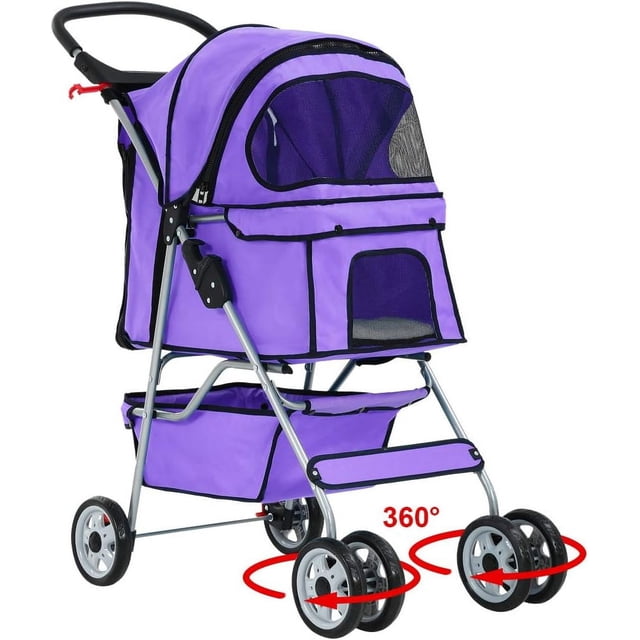 BestPet Folding Pet Stroller for Dogs and Cats, Lightweight Travel Carrier, Wheels in purple. The stroller features a durable mesh covering for ventilation, a folding mechanism for easy storage, and 360-degree swivel wheels for smooth maneuverability. It includes a water-resistant design for all-weather use and an LED indicator for status visibility. Ideal for pet travel and outdoor adventures.