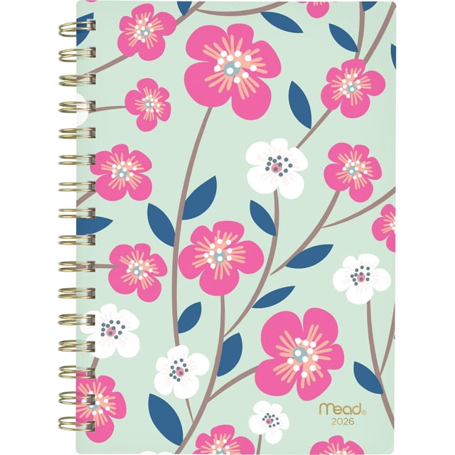 2026 Mead® Spring Floral Small Weekly Planner with a front-facing view of its durable clear poly cover featuring a multicolour floral pattern of pink and white flowers with blue leaves on pale green background, twin coil binding on the left, and gold Mead 2026 logo at bottom right, suitable for compact weekly and monthly organization.