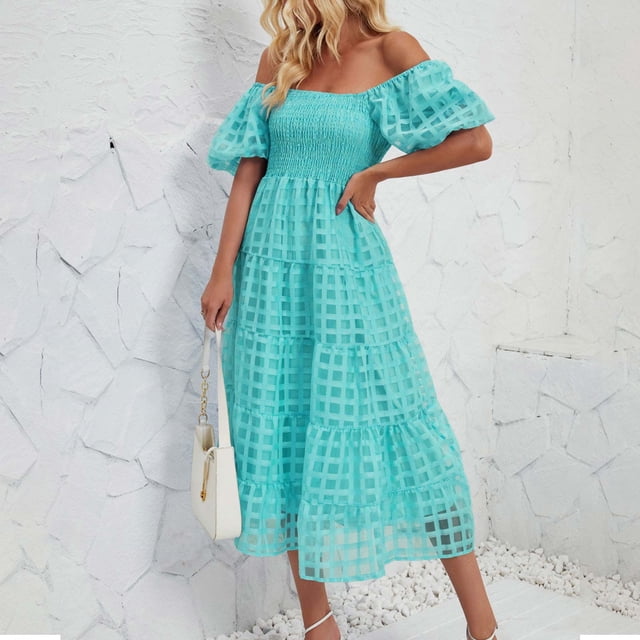 Gspmoly Robes Décontractées pour Femmes, Robe à Épaules Dénudées à Manches Courtes Plissée à Taille Haute pour Femmes, Robes de Soirée pour Femmes Offres Hebdomadaires