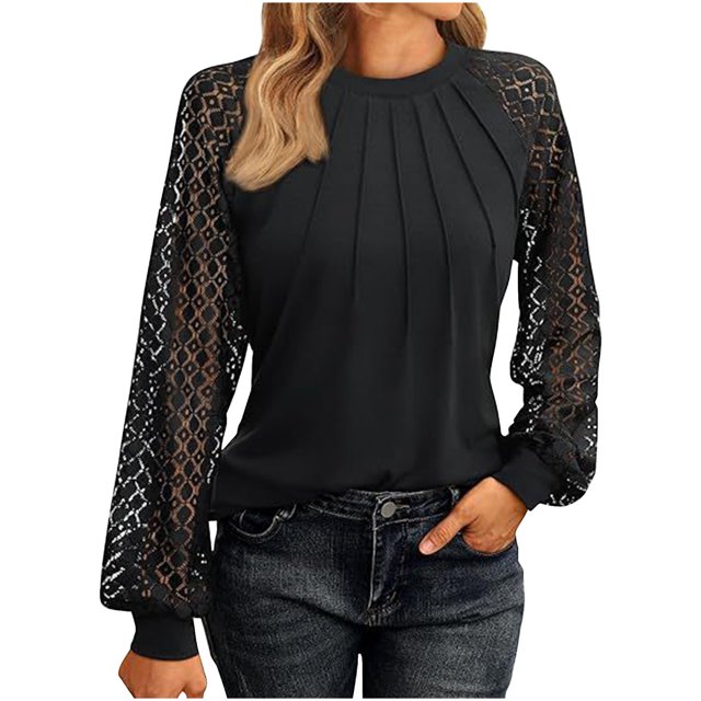 Timegard Hauts pour Femmes Dentelle Manches Longues Épaules Tombantes Blouse Froncée Automne Décontractée Col Rond T-Shirt Confortable Hauts