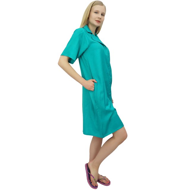 Bimba Chemise de Nuit pour Femme à Col Cranté Turquoise Robe de Nuit avec Poches-16