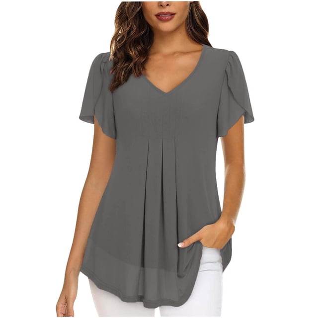 Timegard Hauts pour Femmes Été Chiffon Col en V Manches Courtes Pétale Blouse Plissée Fluide Tunique Décontractée Hauts