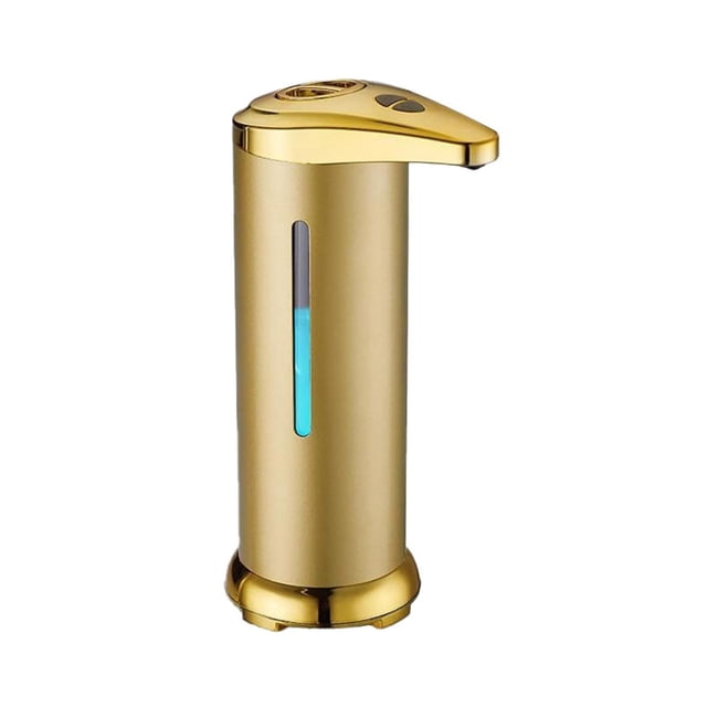 EGNMCR Automatic Soap Dispenser Touchless Soap Dispenser in a gold stainless steel finish. This battery-powered dispenser offers a touchless operation for hygienic soap dispensing, featuring a visible liquid level indicator and a compact design suitable for countertops in kitchens, bathrooms, or commercial settings.
