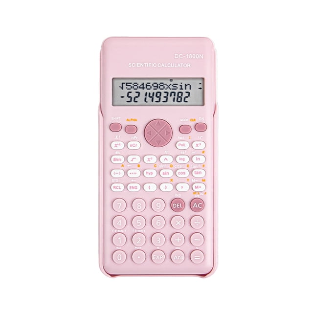 JMYHOAM Back to School Scientific Calculator in pink, featuring 240 functions including trigonometry, logarithms, and statistical calculations. This 2-line, 10+2 digit calculator has a clear display, ergonomic buttons, and a compact size of 16.5 x 8 x 1.5 cm. Ideal for students and professionals, it includes a hard case and supports advanced functions like permutations, combinations, and unit conversions.