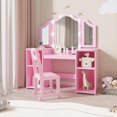 thumbnail image 1 of Princess Vanity Table and Chair Set for Girls with Tri-Folding Mirror, Touch Light Vanity Desk with 4 Storage Shelves & High Back Chair, Convertible to Writing Desk,Gift for Girls ﻿, 1 of 5