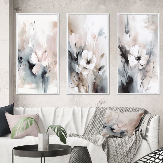 Designart "Grey Flowers Delicate V" Floral Framed Wall Art Set Of 3 - White Floral Frame Canvas Set For Living Room Decor